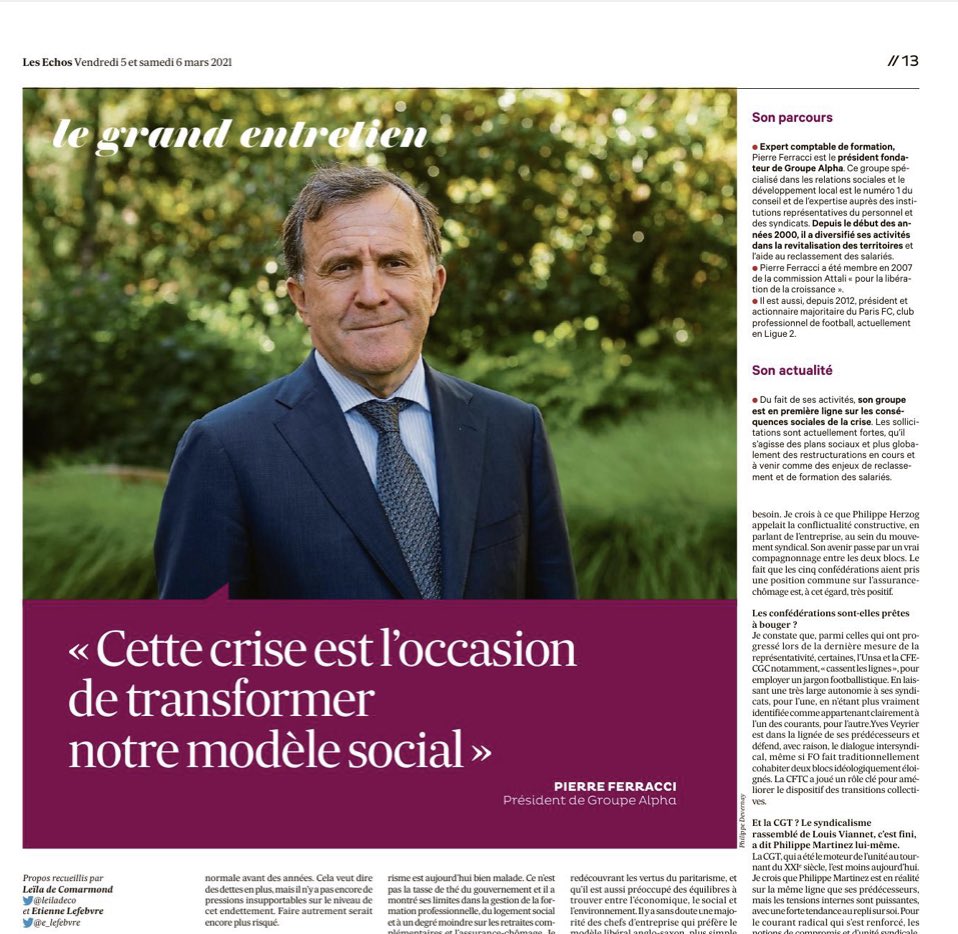 Le grand entretien des Echos du 5 mars 2021 avec Pierre Ferracci