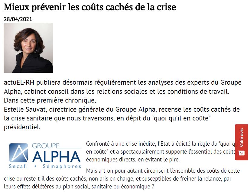 "Mieux prévenir les coûts cachés de la crise", Chronique d'Estelle Sauvat sur actuEL-RH