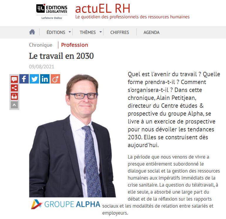 "Le travail en 2030", Chronique d'Alain Petitjean sur actuEL-RH