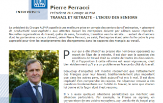 "Travail et retraite : l'enjeu des seniors", un article de Pierre Ferracci dans la revue Sociétal "Travail et retraite : l'enjeu des seniors", un article de Pierre Ferracci dans la revue Sociétal