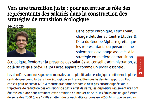 Vers une transition juste : pour accentuer le rôle des représentants des salariés dans la construction des stratégies de transition écologique