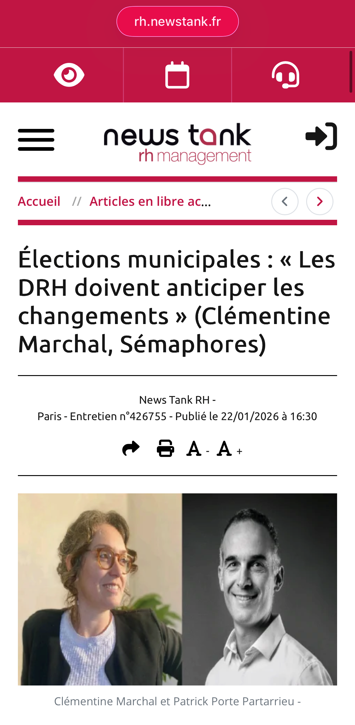 "Élections municipales : « Les DRH doivent anticiper les changements », une interview de Clémentine Marchal et de Patrick Porte Partarrieu in News Tank RH "Élections municipales : « Les DRH doivent anticiper les changements », une interview de Clémentine Marchal et de Patrick Porte Partarrieu in News Tank RH