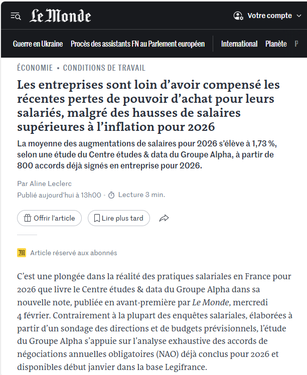 Le benchmark NAO 2026 du Centre Etudes & Data du Groupe Alpha à la une du Monde, le 04/02/2026
