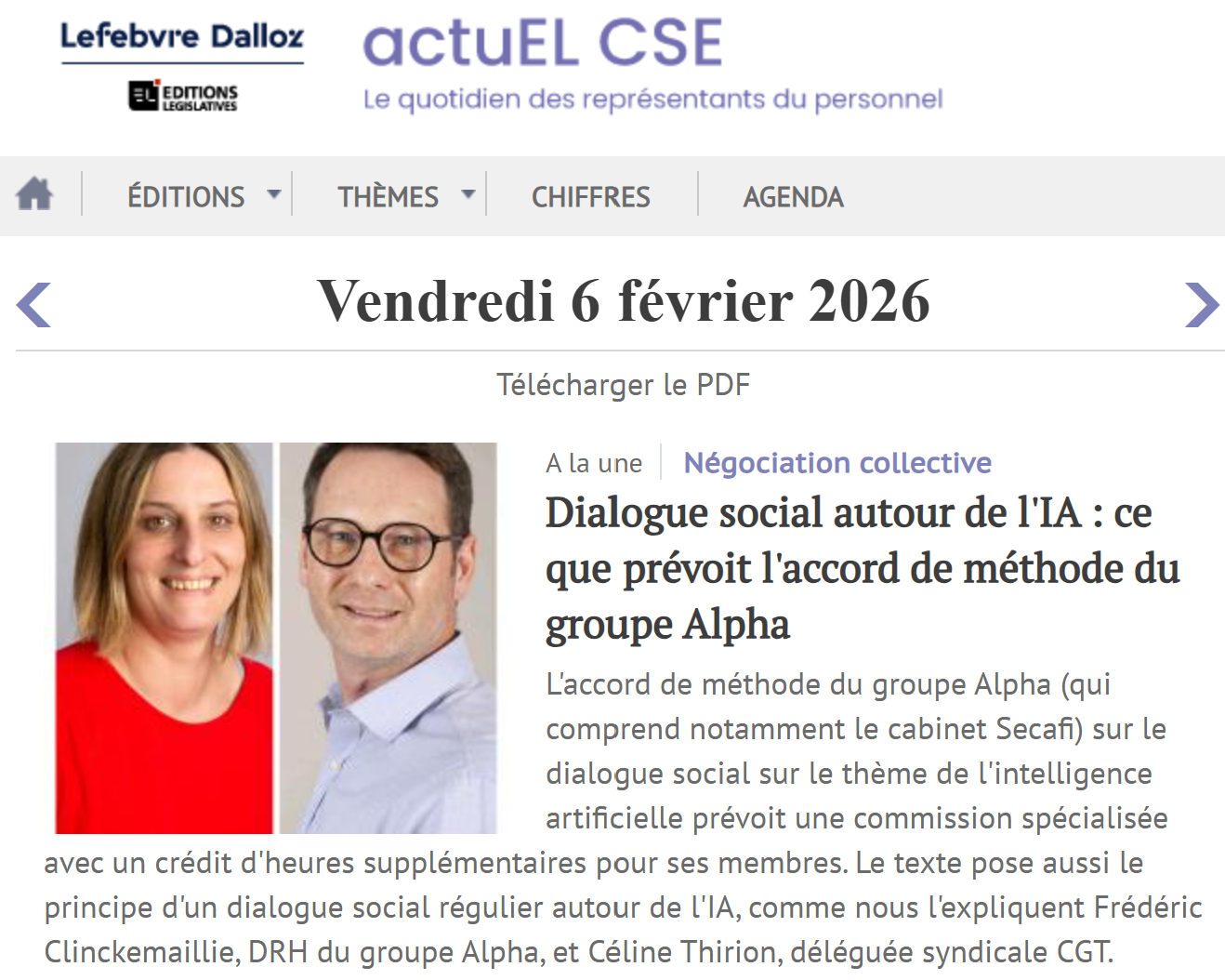 "Dialogue social autour de l'IA : ce que prévoit l'accord de méthode du Groupe Alpha" in actuEL-CSE "Dialogue social autour de l'IA : ce que prévoit l'accord de méthode du Groupe Alpha" in actuEL-CSE