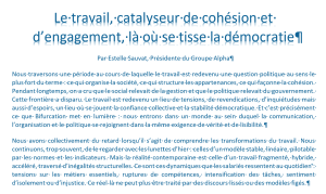 "Le travail, catalyseur de cohésion et d’engagement, là où se tisse la démocratie", Estelle Sauvat apporte sa contribution à l'essai "Bifurcation"