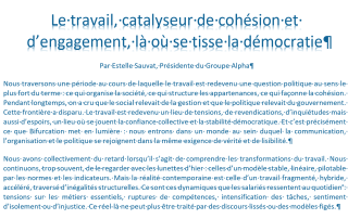 "Le travail, catalyseur de cohésion et d’engagement, là où se tisse la démocratie", Estelle Sauvat apporte sa contribution à l'essai "Bifurcation"