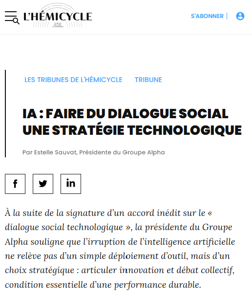 "IA : faire du dialogue social une stratégie technologique" Une tribune d'Estelle Sauvat in la revue L'Hémicycle