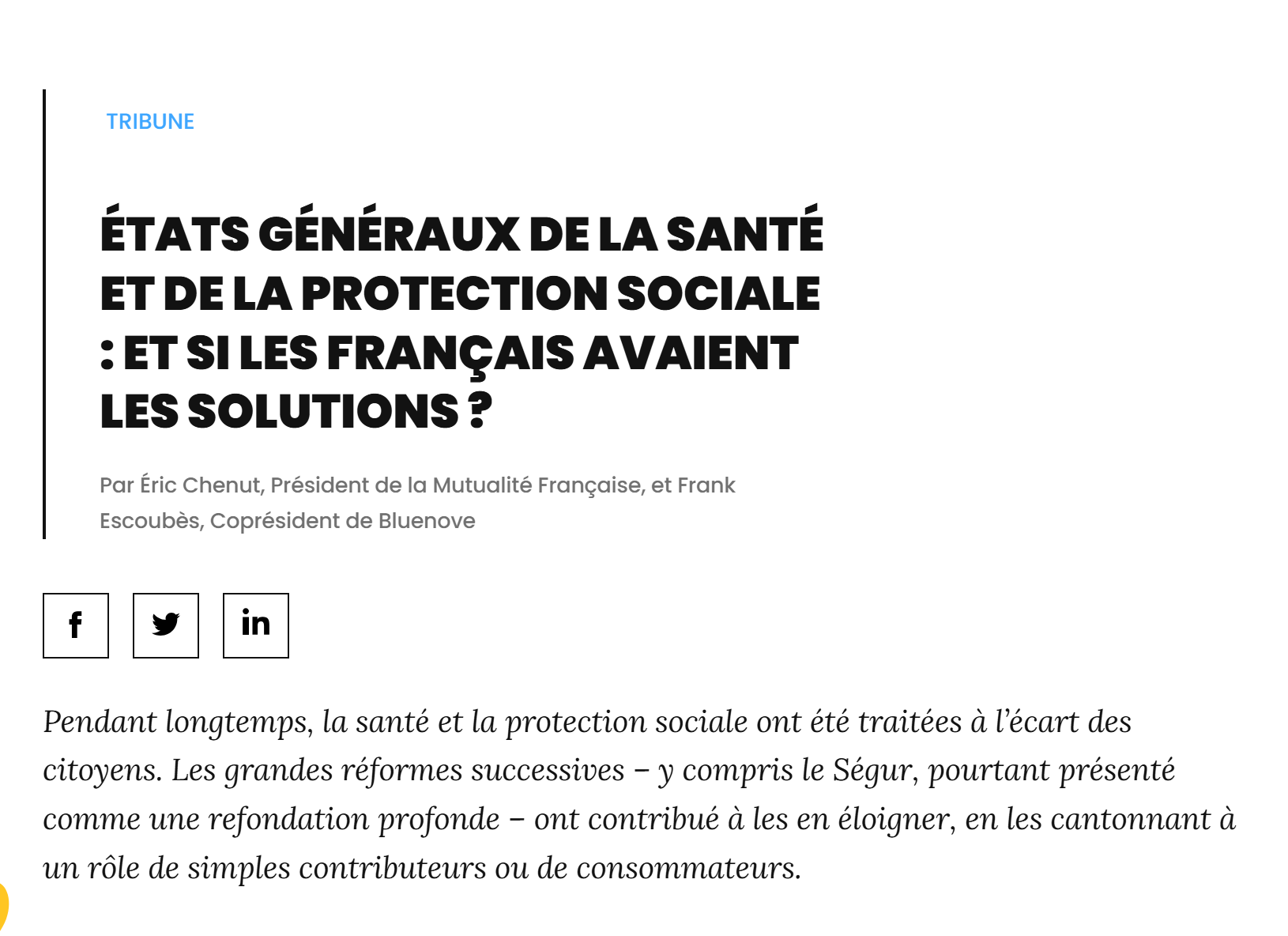 "États généraux de la santé et de la protection sociale : et si les Français avaient les solutions ?" Une tribune d'Éric Chenut & de Frank Escoubès in la revue L'Hémicycle "États généraux de la santé et de la protection sociale : et si les Français avaient les solutions ?" Une tribune d'Éric Chenut & de Frank Escoubès in la revue L'Hémicycle